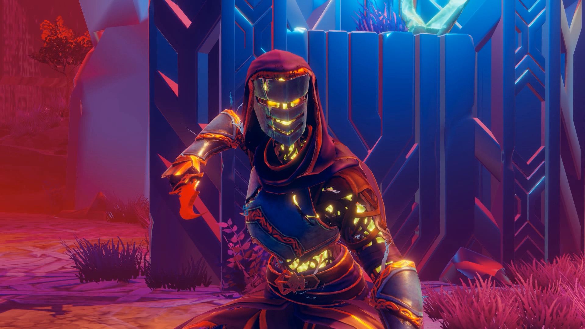 A hooded enemy with glowing armor seams lunges forward in the arena