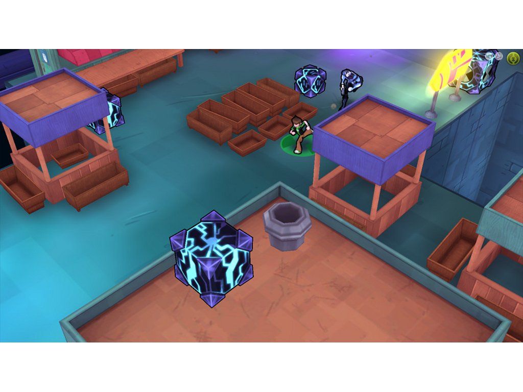 A glowing crate in a top-down market level