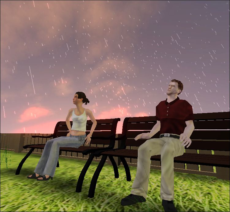 Two virtual humans sitting on a bench in the rain