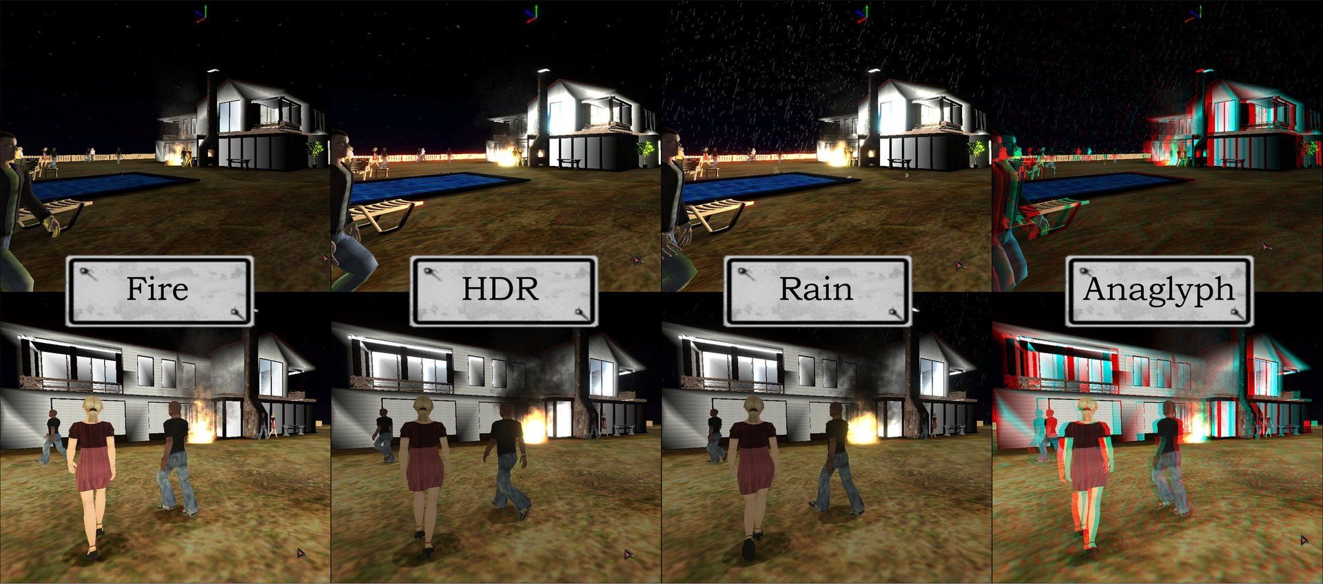 The same scene with fire, HDR, rain and anaglyph effects