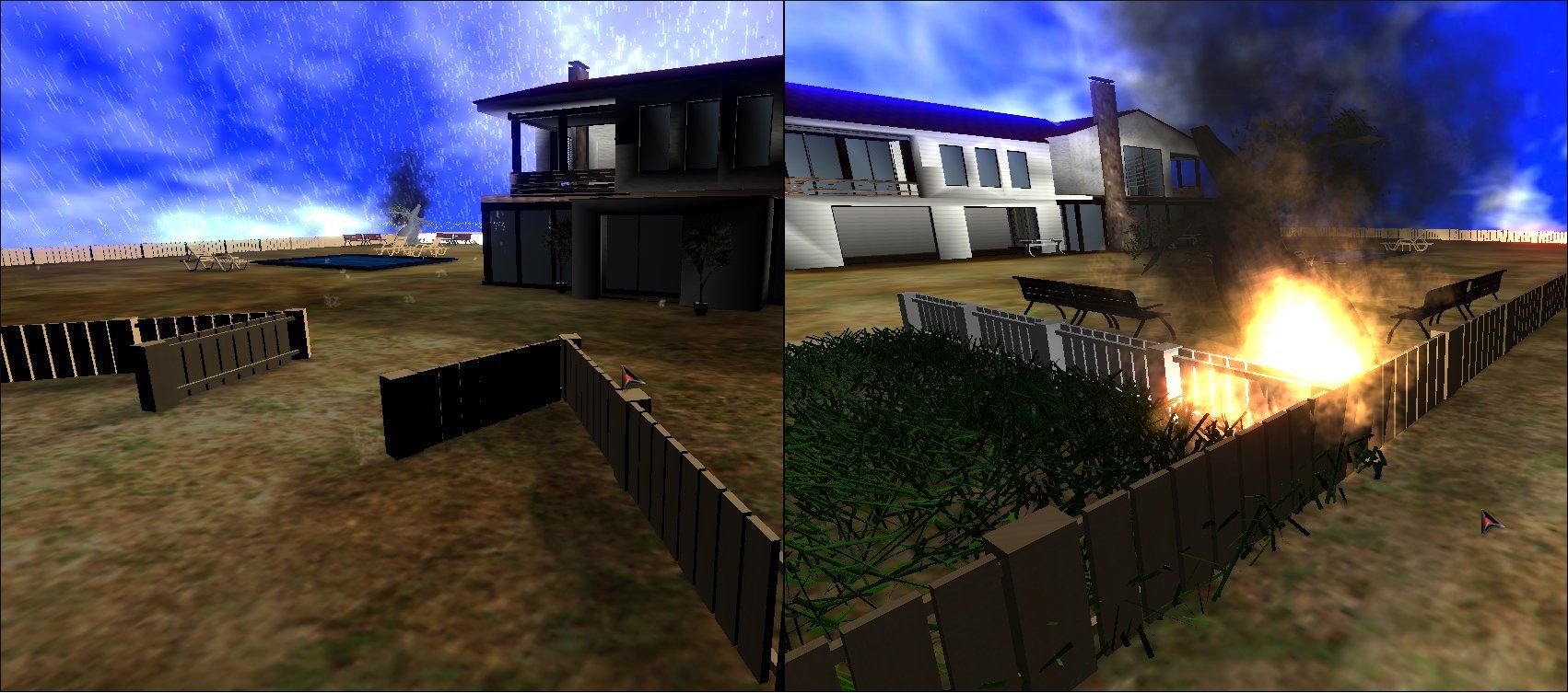 A house scene before and after a fire effect