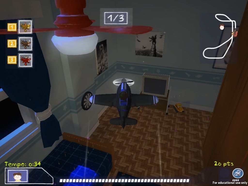 A plane circling under a ceiling fan in a child's room